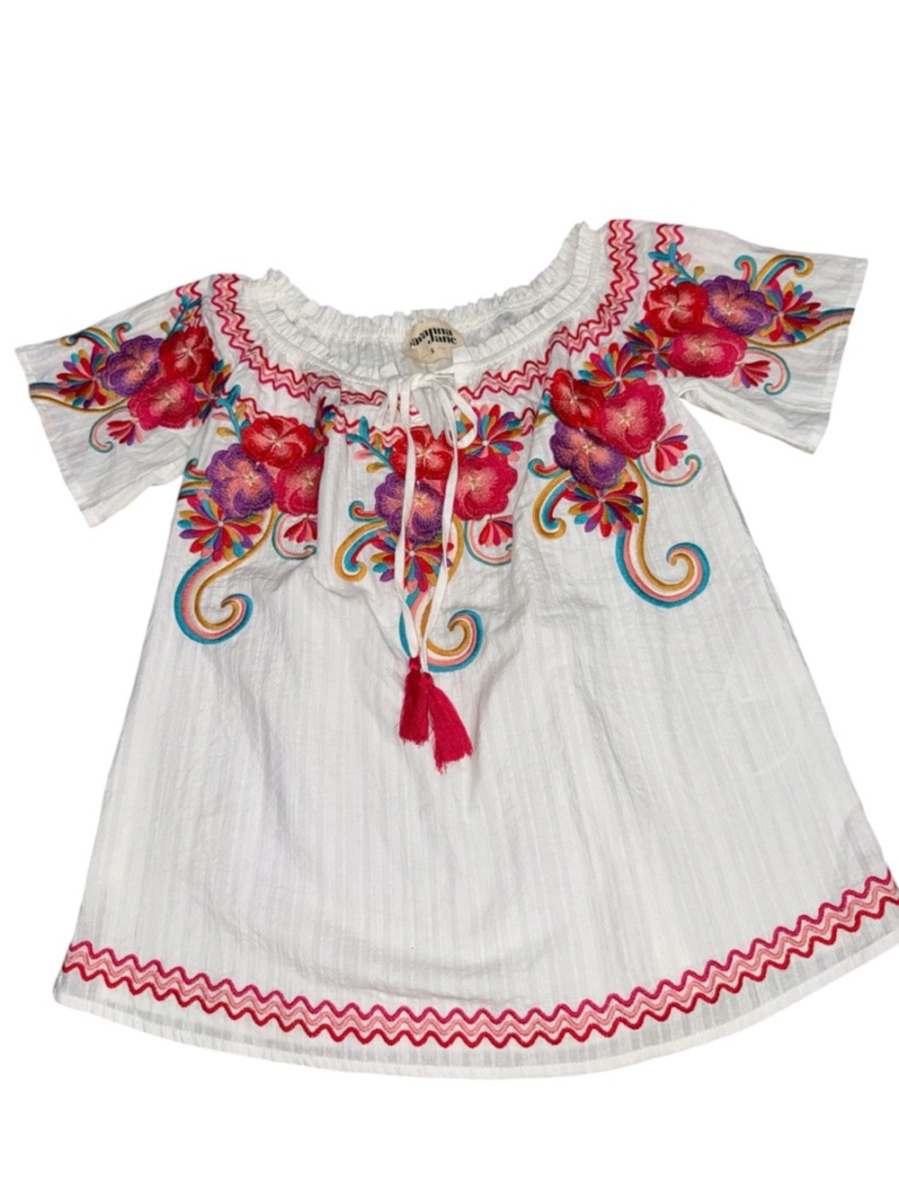 Savanna Jane Embroidered Boho Peasant Top Floral Tassel White Size S - Picture 2 of 9